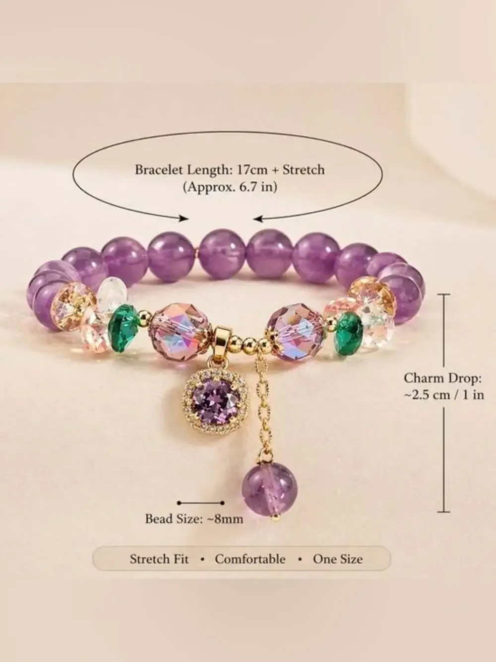 Gold-Accent Purple Crystal Charm Bracelet with Multicolor Beads